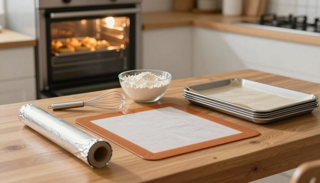 A cozy kitchen scene featuring a wooden table with various baking substitutes for parchment paper. In the foreground, a roll of aluminum foil, a silicone baking mat, and a stack of reusable baking sheets are arranged neatly. In the middle, a bowl of measured flour and a whisk suggest a baking process is underway. The background showcases a warm oven with golden-brown pastries baking inside, emitting a gentle glow. Soft, natural light streams in through a window, creating a homely atmosphere. The image focuses on practicality and creativity in baking, reflecting the concept of safe and effective alternatives to parchment paper. The overall mood is inviting and inspiring, encouraging bakers to experiment with substitutions.