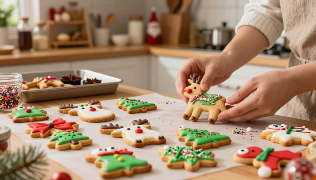 A cozy kitchen scene featuring an assortment of whimsical reindeer cookies, known as "renifery pierniki," beautifully decorated with vibrant icing and chocolate. In the foreground, a table is spread with freshly baked cookies in various playful shapes, adorned with colorful icing in red, green, and white, and sprinkled with edible glitter and decorative toppings like candy eyes and holiday-themed sprinkles. The middle ground showcases hands carefully icing a reindeer cookie, depicting a process of decoration. The background features warm wooden shelves filled with baking supplies, spices, and festive decorations, enhancing the holiday atmosphere. Soft, warm lighting casts a friendly glow over the scene, evoking a cheerful and inviting mood, perfect for holiday baking traditions.