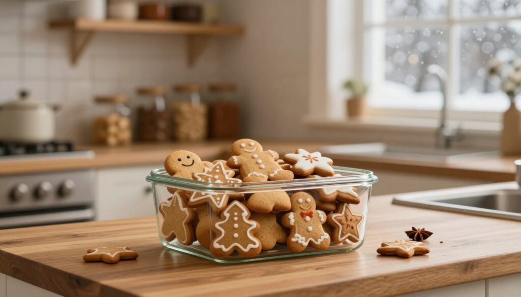 A cozy kitchen scene focused on holiday gingerbread cookies, neatly arranged in an airtight glass container on a wooden countertop. In the foreground, the container reveals beautifully decorated gingerbread cookies in various shapes, exuding warmth and a hint of spice. In the middle, a backdrop of a softly lit kitchen with shelves adorned with spices and jars, suggesting the aromatic qualities of the cookies. In the background, a subtle glow from a window showing snow gently falling outside, creating a warm and inviting atmosphere. The lighting is warm and soft, evoking a sense of comfort and nostalgia, with a shallow depth of field emphasizing the cookies. The overall mood is cheerful and homey, perfect for capturing the essence of preserving baked goods. A cozy kitchen scene focused on holiday gingerbread cookies, neatly arranged in an airtight glass container on a wooden countertop. In the foreground, the container reveals beautifully decorated gingerbread cookies in various shapes, exuding warmth and a hint of spice. In the middle, a backdrop of a softly lit kitchen with shelves adorned with spices and jars, suggesting the aromatic qualities of the cookies. In the background, a subtle glow from a window showing snow gently falling outside, creating a warm and inviting atmosphere. The lighting is warm and soft, evoking a sense of comfort and nostalgia, with a shallow depth of field emphasizing the cookies. The overall mood is cheerful and homey, perfect for capturing the essence of preserving baked goods.