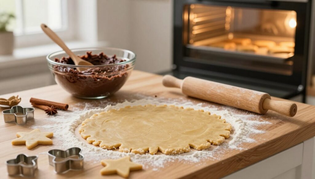 A cozy kitchen scene focused on the process of baking gingerbread cookies. In the foreground, a wooden countertop covered with flour, dough, and cookie cutters shaped like stars and hearts. An unbaked batch of gingerbread is rolled out, showing texture and detail. In the middle ground, a mixing bowl filled with dark brown gingerbread dough, with a wooden spoon resting beside it, and a few spices like cinnamon and ginger scattered around. In the background, an oven with warm, golden light emanating, hinting at the cookies baking inside. Soft, natural lighting filters through a window, casting a warm glow, creating an inviting and homely atmosphere, evoking the joys and challenges of baking gingerbread.