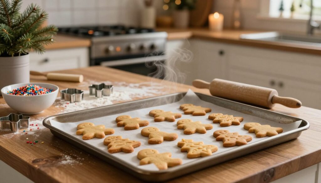 A cozy kitchen scene focused on the process of baking gingerbread. In the foreground, a shiny baking tray filled with freshly baked gingerbread cookies in various festive shapes, such as stars and trees, slightly steamy and golden brown. In the middle, a rustic wooden countertop scattered with flour, a rolling pin, and cookie cutters. A bowl of colorful icing and decorative sprinkles invites creativity. In the background, a softly glowing oven with the door slightly ajar, and warm, ambient lighting creates a welcoming atmosphere. Potted evergreen branches and subtle holiday decorations add charm and festivity. Capture the sense of warmth and aroma of freshly baked gingerbread, emphasizing the joy of the baking process.