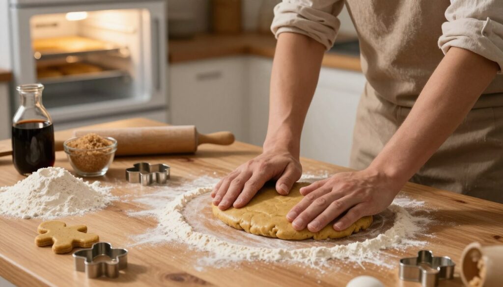 A cozy kitchen scene focused on the process of kneading gingerbread dough. In the foreground, a baker, dressed in modest casual clothing, passionately kneads a smooth, spiced dough on a wooden countertop, with flour lightly dusted around. The middle of the scene showcases colorful ingredients such as flour, brown sugar, and molasses arranged artistically, along with a rolling pin and cookie cutters. In the background, a refrigerator hums softly, hinting at the dough being chilled for optimal texture. Warm, soft lighting creates a welcoming atmosphere, emphasizing the rich browns and creams of the dough and kitchen elements. Capture a sense of focus and warmth, reflecting the joy of baking.
