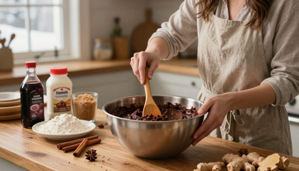 A cozy kitchen scene showcasing the preparation of a rich Canadian gingerbread cake, emphasizing the process of mixing dense, dark batter in a large, stainless steel mixing bowl. In the foreground, a woman in modest, casual clothing stirs the batter with a wooden spoon, her expression focused and engaged. Surrounding her are spices like cinnamon, nutmeg, and ginger, spilling onto a rustic wooden countertop. In the middle ground, ingredients such as flour, brown sugar, and molasses are neatly arranged, highlighting the key components of the recipe. The background features warm, soft lighting illuminating the kitchen, with a window showing hints of a snowy landscape outside, creating a welcoming, homely atmosphere. The overall mood is inviting and warm, perfect for culinary creativity.