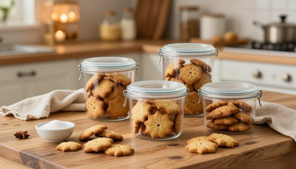 A cozy kitchen scene showcasing various traditional gingerbread cookies (pierniki) arranged on a rustic wooden table. In the foreground, there are several airtight containers, each filled with gingerbread, to emphasize effective storage methods. There's a small bowl of sugar and spices nearby to suggest potential flavor enhancers. In the middle, a soft cloth drapes over one side of the table, adding warmth to the composition. The background features softly lit shelves filled with baking ingredients, creating an inviting atmosphere. Use warm, natural lighting to enhance the cozy feel, with focus on the containers to highlight their importance in maintaining the cookies' softness and aroma. The overall mood is welcoming and homely, ideal for a culinary context.