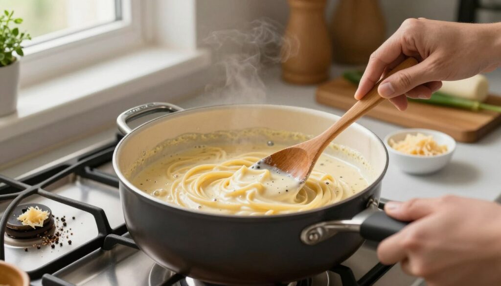 A cozy kitchen setting with a focus on a pot of creamy carbonara sauce on the stove. In the foreground, a hand skillfully stirs the sauce, with a wooden spoon, while ingredients like grated cheese and freshly cracked pepper are artfully arranged nearby. The middle ground features the pot, with gently simmering sauce creating small bubbles, hinting at a delicious texture. In the background, soft, natural light filters through a window, illuminating herbs and kitchen utensils, enhancing the warm atmosphere. The angle captures the action closely, emphasizing the process of rescuing the sauce, making it inviting and engaging. The overall mood is one of culinary expertise and comfort. A cozy kitchen setting with a focus on a pot of creamy carbonara sauce on the stove. In the foreground, a hand skillfully stirs the sauce, with a wooden spoon, while ingredients like grated cheese and freshly cracked pepper are artfully arranged nearby. The middle ground features the pot, with gently simmering sauce creating small bubbles, hinting at a delicious texture. In the background, soft, natural light filters through a window, illuminating herbs and kitchen utensils, enhancing the warm atmosphere. The angle captures the action closely, emphasizing the process of rescuing the sauce, making it inviting and engaging. The overall mood is one of culinary expertise and comfort.