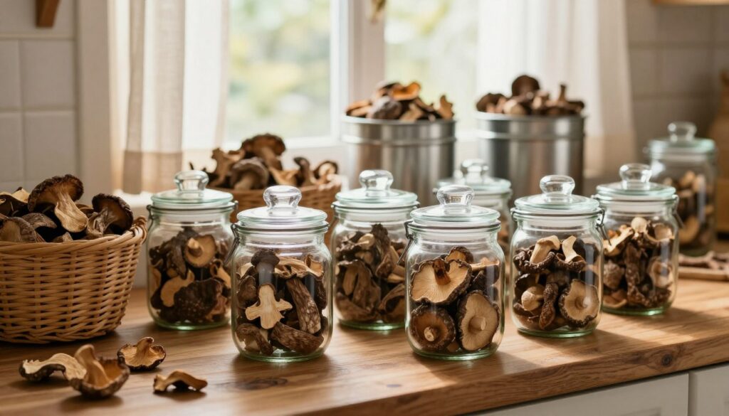 A cozy kitchen setting with jars and containers filled with dried mushrooms, meticulously arranged on a rustic wooden countertop. In the foreground, focus on clear glass jars with tight-sealing lids showcasing various types of dried mushrooms, their textures vibrant and earthy. In the middle, include some woven baskets and stylish metal tins, each filled with aromatic dried mushrooms. The background features a softly lit window draped with sheer curtains, allowing warm, natural light to flood the scene, enhancing the rich browns and greens of the mushrooms. The atmosphere exudes warmth and homeliness, inviting the viewer to appreciate the beauty of preserving these ingredients. Capture this with a soft depth of field using a 50mm lens, emphasizing the intricate details and textures of the mushrooms.
