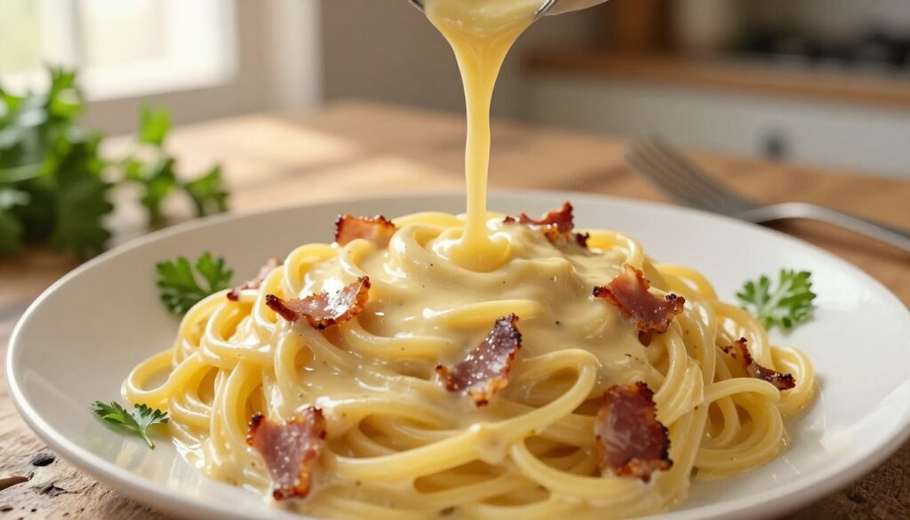 A creamy carbonara sauce poured over perfectly cooked spaghetti, glistening with a rich, warm hue. The foreground features a close-up of the pasta, showcasing the smooth texture of the sauce and pieces of crispy pancetta sprinkled throughout. In the middle, an elegant white plate contrasts with the vibrant yellow of the sauce, surrounded by fresh parsley leaves for garnish. The background includes a soft-focus kitchen setting, with hints of a rustic wooden table and subtle kitchen utensils. The lighting is warm and inviting, simulating the late afternoon sun filtering through a window, creating a cozy atmosphere. The overall mood is one of comfort and culinary delight, emphasizing the traditional Italian technique of creating a perfect carbonara without overcooking the eggs. A creamy carbonara sauce poured over perfectly cooked spaghetti, glistening with a rich, warm hue. The foreground features a close-up of the pasta, showcasing the smooth texture of the sauce and pieces of crispy pancetta sprinkled throughout. In the middle, an elegant white plate contrasts with the vibrant yellow of the sauce, surrounded by fresh parsley leaves for garnish. The background includes a soft-focus kitchen setting, with hints of a rustic wooden table and subtle kitchen utensils. The lighting is warm and inviting, simulating the late afternoon sun filtering through a window, creating a cozy atmosphere. The overall mood is one of comfort and culinary delight, emphasizing the traditional Italian technique of creating a perfect carbonara without overcooking the eggs.