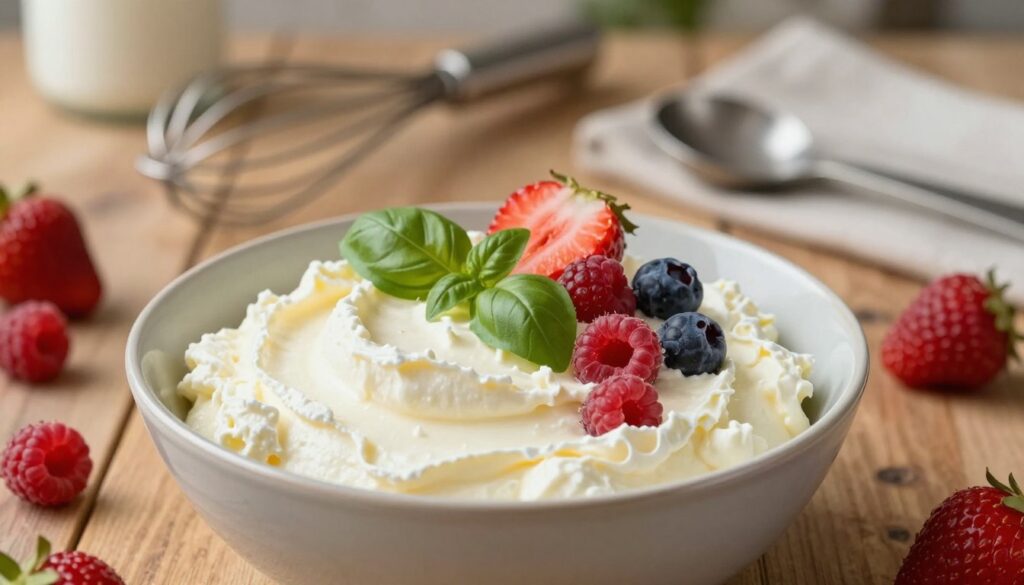 A creamy, luscious bowl of mascarpone cheese sits gracefully in the foreground, garnished with fresh basil leaves and a scattering of vibrant, colorful berries, such as strawberries and raspberries, that provide a striking contrast. In the middle, a rustic wooden table enhances the artisanal feel, adorned with soft natural lighting that creates an inviting and warm atmosphere. In the background, there is a blurred glimpse of a kitchen setting, with a vintage whisk and measuring spoons, suggesting an active baking process. The angle is slightly elevated to capture the texture and richness of the mascarpone, inviting the viewer into the world of creamy delights. The overall tone is homely and appetizing, ideal for showcasing this versatile cheese.