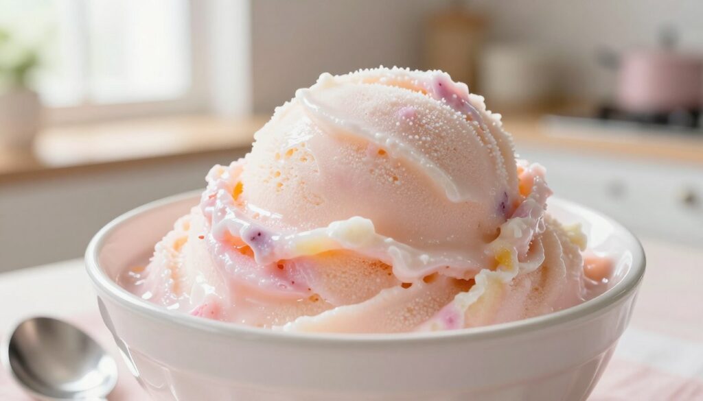 A creamy sorbet in a delicate bowl, showcasing a smooth, velvety texture that glistens under soft, diffused natural light. The sorbet is a vibrant pastel color, with hints of fruit infusion visible, inviting an appetizing, refreshing look. In the foreground, a small silver spoon rests against the bowl, emphasizing the indulgent treat. The background features a softly blurred kitchen setting with subtle pastel hues, enhancing the aura of a homemade dessert. Sunlight softly streams through a window, creating a warm and inviting atmosphere. Aim for a close-up angle to capture the luscious details of the sorbet, highlighting its creamy consistency without any ice crystals. The overall mood is one of comfort and enjoyment, perfect for a delightful summer treat.