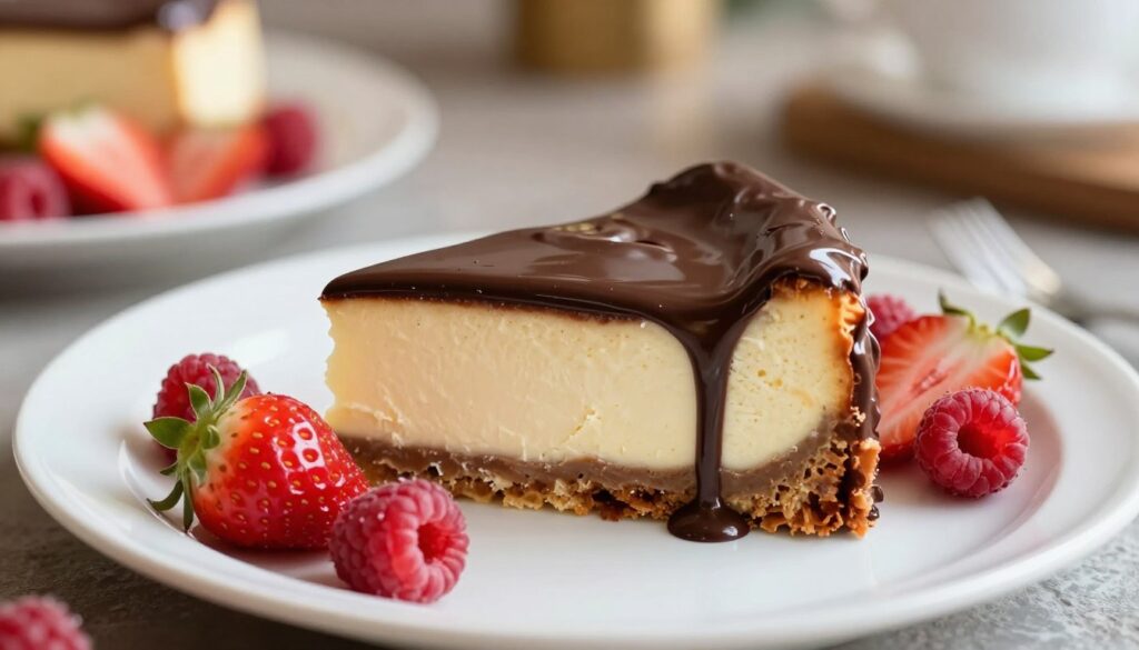 A delectable slice of cheesecake sits majestically on a stylish white plate, generously drizzled with rich, glossy chocolate glaze. The chocolate coating glistens under soft, warm lighting that enhances its smooth texture, while subtle reflections hint at its divine indulgence. Surrounding the cheesecake, fresh, vibrant fruits like strawberries and raspberries are artfully arranged, adding a pop of color and freshness. In the background, a blurred bakery setting conveys a cozy, inviting atmosphere, gently illuminated by natural light. The angle captures the cake's height and the lusciousness of the chocolate topping, inviting the viewer to crave a bite. The overall mood is warm and indulgent, perfect for showcasing a delicious dessert experience.