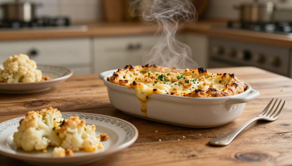 A delicious zapiekanka featuring roasted cauliflower as the star ingredient, artistically arranged on a rustic wooden table. The dish is topped with melted cheese, crisp breadcrumbs, and a sprinkle of herbs, showcasing a golden-brown crust. In the foreground, a decorative plate holds a generous serving, with steam rising to suggest warmth. In the middle, a fork is placed elegantly beside the dish, inviting viewers to dig in. The background softly blurs to reveal a cozy kitchen setting with warm, ambient lighting that enhances the inviting mood. The image should evoke a sense of comfort and delicious home-cooked meals, shot with a shallow depth of field to draw focus on the zapiekanka.