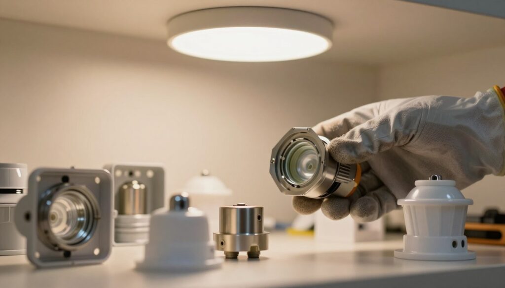 A detailed close-up image showcasing various types of "mocowania oprawy" (fixture mounts) for halogen lamps. In the foreground, display a variety of mounts: square, round, and adjustable designs, crafted from metal and plastic, emphasizing their unique shapes and functional details. In the middle ground, depict a hand gently grasping one of the mounts, wearing a protective glove, illustrating the careful handling necessary during the removal process. The background should be a softly blurred interior space, with a ceiling light fixture partially visible, illuminated with warm, soft lighting to create a safe and inviting atmosphere. The overall mood should convey professionalism and focus on safety, emphasizing the precision involved in the disassembly. Use a shallow depth of field to keep the mount in sharp focus while maintaining a serene ambiance.