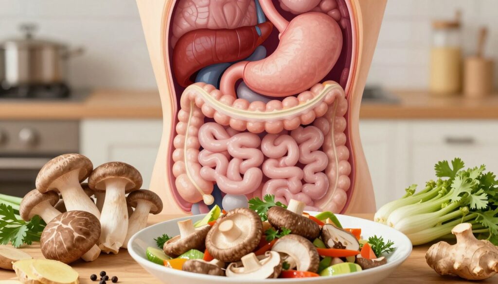 A detailed illustration of the human digestive system, highlighting the process of digestion with an emphasis on mushrooms. In the foreground, show vibrant mushrooms like shiitake and oyster mushrooms prepared in a nutritious dish, surrounded by herbs and spices known to aid digestion, such as ginger, fennel, and parsley. The middle ground features an anatomically accurate representation of the digestive organs, such as the stomach and intestines, subtly integrated with the food elements. The background can include a soft, blurred kitchen environment to evoke a sense of home-cooked meals. Use warm, inviting lighting to create a friendly atmosphere, with a focus on natural colors. Capture this scene from a slightly elevated angle to provide a comprehensive view, enhancing the educational aspect of the image.