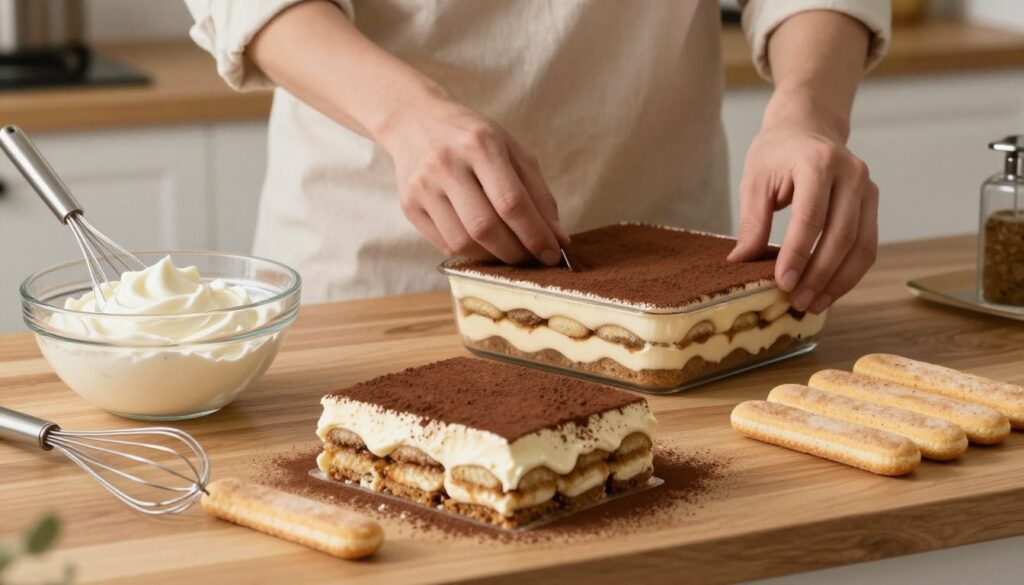 A detailed step-by-step process of assembling a light yet stable tiramisu. In the foreground, a clean wooden kitchen countertop displays several elegant layers of mascarpone cream, coffee-soaked ladyfingers, and a dusting of cocoa powder. A decorative glass bowl holds whipped cream on one side, with a whisk nearby, ready for mixing. In the middle ground, a hand in a modest casual shirt carefully arranges the layers in a transparent dish, showcasing the rich textures. The background includes a softly lit kitchen scene with warm lighting, emphasizing a homey atmosphere. The photo is shot from a slightly above angle to capture the inviting arrangement. Overall, the mood is casual yet professional, reflecting a delightful culinary adventure.