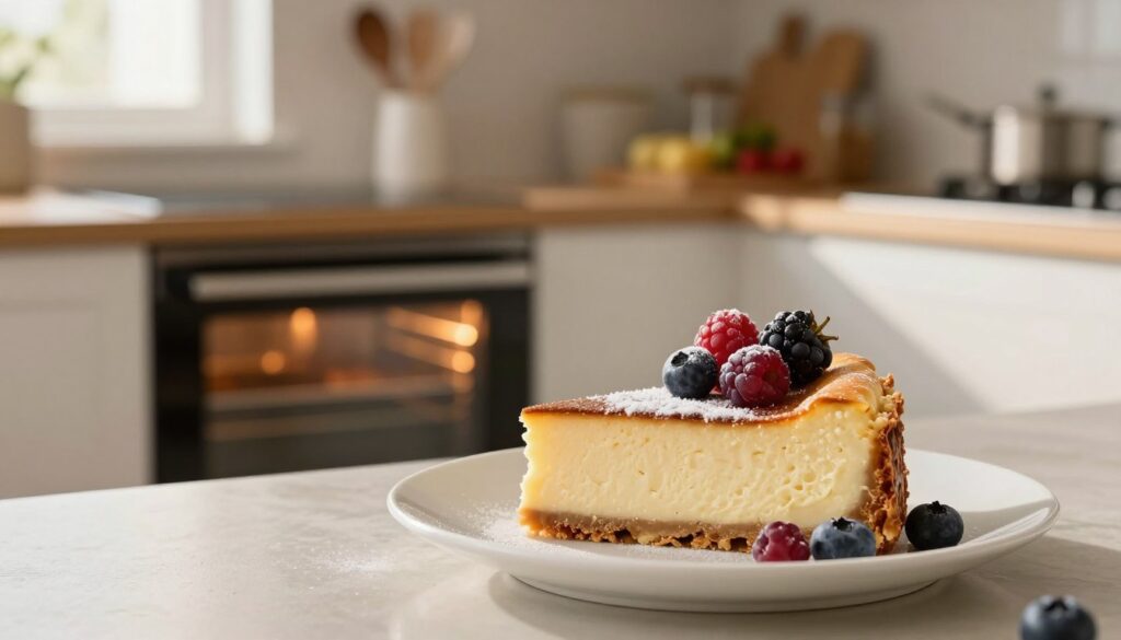 A freshly baked slice of cheesecake displayed on a delicate white porcelain plate, garnished with seasonal berries and a sprinkle of powdered sugar, sits in the foreground. The cheesecake has a creamy, smooth texture with a golden-brown crust, inviting the viewer's gaze. In the middle ground, a modern kitchen can be seen, featuring a built-in oven with a transparent glass door, subtly glowing from the warmth inside. In the background, soft-focus kitchen utensils and ingredients are arranged neatly, enhancing the baking atmosphere. The lighting is warm and inviting, reminiscent of late afternoon sunlight filtering through a window. The mood is cozy and enticing, perfect for a culinary article discussing the nuances of baking cheesecake.