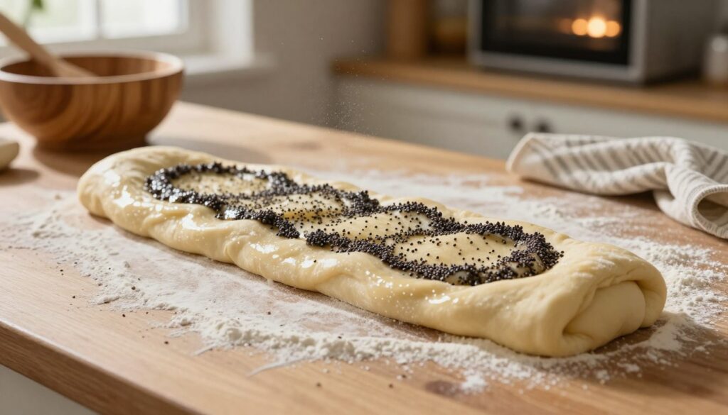 A freshly baked yeast dough, golden-brown and soft, is elegantly rolled out on a wooden countertop. In the foreground, the dough is lightly dusted with flour, showcasing its smooth texture ready for filling. In the middle, a layer of poppy seed filling is spread evenly, emphasizing the traditional baking process. The background features warm, inviting kitchen elements—a wooden mixing bowl, a softly glowing oven, and a rustic kitchen towel, creating an atmosphere of homely comfort. Soft natural light pours in from a nearby window, highlighting the dough's glossiness and the tiny flour particles dancing in the rays. The scene evokes a sense of craftsmanship and delight, perfect for illustrating the art of shaping dough without cracks. A freshly baked yeast dough, golden-brown and soft, is elegantly rolled out on a wooden countertop. In the foreground, the dough is lightly dusted with flour, showcasing its smooth texture ready for filling. In the middle, a layer of poppy seed filling is spread evenly, emphasizing the traditional baking process. The background features warm, inviting kitchen elements—a wooden mixing bowl, a softly glowing oven, and a rustic kitchen towel, creating an atmosphere of homely comfort. Soft natural light pours in from a nearby window, highlighting the dough's glossiness and the tiny flour particles dancing in the rays. The scene evokes a sense of craftsmanship and delight, perfect for illustrating the art of shaping dough without cracks.