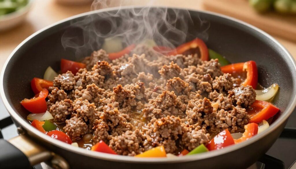 A frying pan filled with juicy, finely minced meat sizzling over medium heat, the texture visibly moist and fluffy, with steam rising. The ground meat is golden brown, with small, evenly cooked pieces, reflecting a perfect state without clumps. Surrounding the pan are colorful chopped vegetables, such as bell peppers and onions, lightly glossed with oil. The background features a warm kitchen setting, with soft, diffused lighting that creates a cozy atmosphere. The camera angle is slightly overhead, capturing the vibrant colors and delicious texture of the meat while emphasizing the cooking technique. The scene conveys a sense of culinary warmth and comfort, inviting the viewer to explore how to achieve flavorful results without dryness.