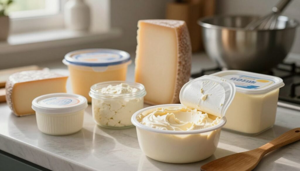 A kitchen countertop scene showcasing various types of container cheese, highlighting the consistency and texture. In the foreground, a close-up of a tub of creamy cheese is open, revealing a thick, spreadable texture, with a wooden spatula resting beside it. In the middle, an assortment of other cheese containers, including curd and ricotta, are arranged neatly, some with lids slightly ajar. The background features a blurred view of a baking setup, including a mixing bowl and a whisk, evoking a warm, cozy atmosphere. Soft, natural lighting filters through a nearby window, casting gentle shadows. The focus emphasizes the variety of cheese textures and the potential impact on baking, capturing a sense of culinary creativity and exploration without the presence of any text or distractions.