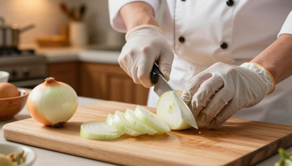 A kitchen countertop with a cutting board featuring a freshly sliced onion. In the foreground, a close-up of common mistakes when chopping onions, such as uneven slices, tears from the onion's bite, and improper knife techniques. The middle ground shows a pair of hands in professional kitchen gloves, holding a chef's knife, demonstrating the correct angle and grip for cutting onions evenly. In the background, a cozy kitchen atmosphere with warm lighting and wooden cabinetry, emphasizing the chef's workspace. The mood should be informative yet inviting, showcasing the essence of cooking techniques. Ensure there are no people directly visible in the image, focusing purely on the cutting process and tools.