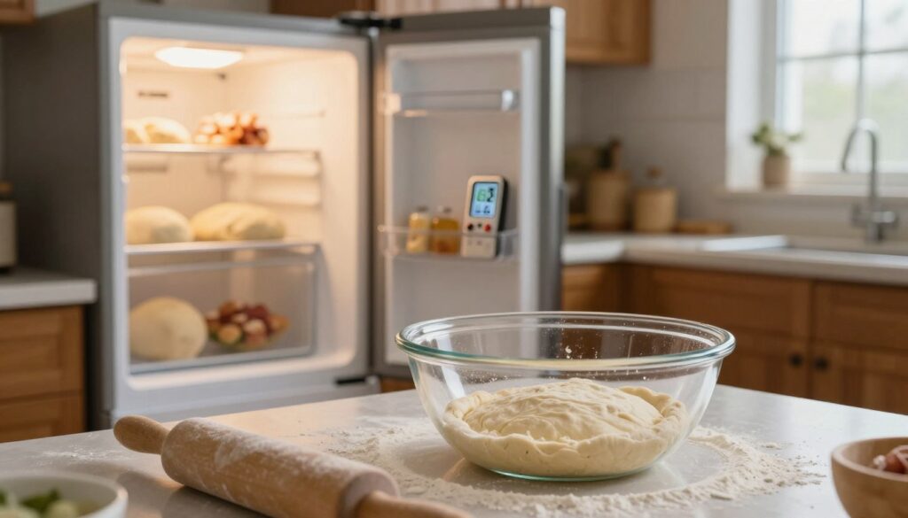 A kitchen scene showcasing the process of defrosting pizza dough. In the foreground, a clear glass bowl containing a portion of frozen pizza dough sits on a countertop, surrounded by scattered flour and a rolling pin. In the middle ground, there’s an open refrigerator with a light illuminating the interior, revealing a few other food items being defrosted. The background features a cozy kitchen ambiance, with soft lighting highlighting the warm wooden cabinets and a window letting in natural daylight. A thermometer displays a temperature reading, suggesting room temperature versus refrigerator conditions. The overall mood is relaxed and inviting, emphasizing a practical approach to baking. The image should be warm and appetizing, evoking a sense of preparation and culinary creativity.