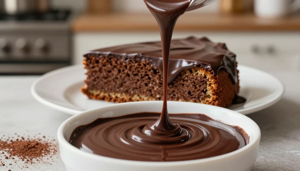 A luxurious, glossy chocolate ganache made from rich dark chocolate and smooth 30% cream, poured over an elegant gingerbread cake. The foreground features a bowl filled with silky, melted chocolate ganache, with highlights reflecting the creamy texture. In the middle, a slice of the moist gingerbread sits on a delicate white plate, partially covered in the shiny ganache, showcasing the glossy surface and drips. The background includes a softly blurred kitchen setting with warm, inviting lighting, creating a cozy baking ambiance. A sprinkle of cocoa powder decorates the surface, enhancing the allure of the dessert. The overall mood is indulgent and appetizing, inviting the viewer to savor the rich flavors.