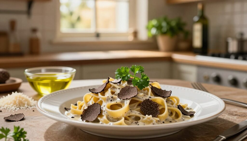A luxurious plate of truffle pasta elegantly arranged at the forefront, showcasing delicate strands of fettuccine coated in a creamy, rich truffle sauce. The dish is garnished with shavings of fresh black truffle and sprigs of fresh parsley, highlighting its gourmet appeal. In the middle ground, a small bowl of truffle oil glistens invitingly, accompanied by a sprinkle of grated Parmesan cheese, enhancing the aroma and flavor profile. The background features a softly blurred Italian kitchen setting, with rustic wooden shelves holding high-quality olive oil and fresh herbs, warmly lit by golden-hour sunlight filtering through a window. The atmosphere is sophisticated yet inviting, evoking a sense of indulgence and culinary mastery. A luxurious plate of truffle pasta elegantly arranged at the forefront, showcasing delicate strands of fettuccine coated in a creamy, rich truffle sauce. The dish is garnished with shavings of fresh black truffle and sprigs of fresh parsley, highlighting its gourmet appeal. In the middle ground, a small bowl of truffle oil glistens invitingly, accompanied by a sprinkle of grated Parmesan cheese, enhancing the aroma and flavor profile. The background features a softly blurred Italian kitchen setting, with rustic wooden shelves holding high-quality olive oil and fresh herbs, warmly lit by golden-hour sunlight filtering through a window. The atmosphere is sophisticated yet inviting, evoking a sense of indulgence and culinary mastery.