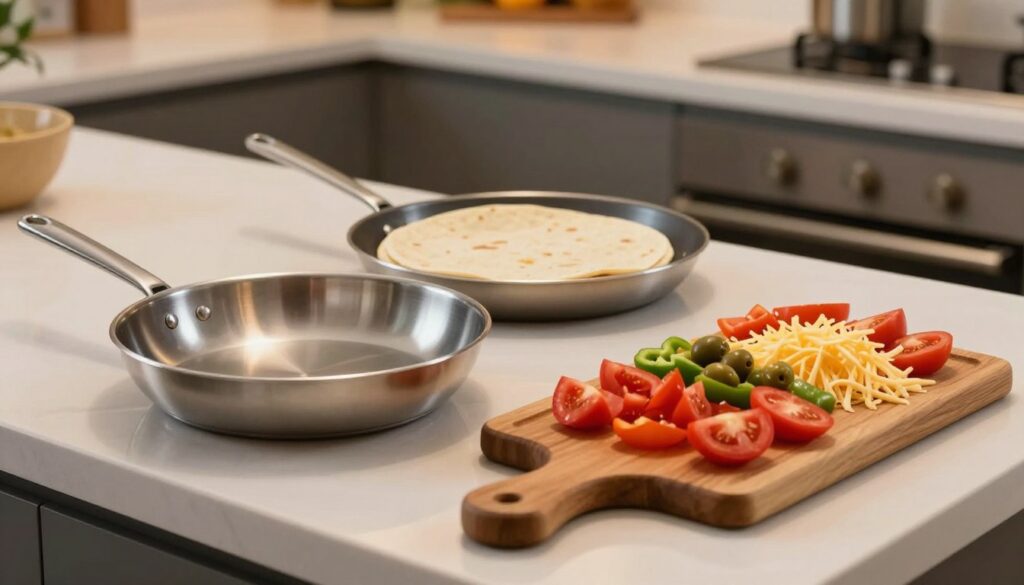 A modern kitchen countertop setup showcasing essential equipment for quick tortilla pizza preparation. In the foreground, a shiny stainless steel frying pan sits next to a vibrant selection of fresh toppings: diced tomatoes, bell peppers, olives, and shredded cheese arranged neatly on a wooden cutting board. In the middle ground, a tortilla is partially placed on the pan, with a small spatula resting nearby. The background features a cozy kitchen atmosphere with warm lighting, emphasizing the speed and efficiency of the cooking process. Soft shadows enhance the textures of the ingredients, creating a welcoming and inviting mood. The angle is slightly elevated, capturing the entire setup in a clean, focused composition without any distractions. A modern kitchen countertop setup showcasing essential equipment for quick tortilla pizza preparation. In the foreground, a shiny stainless steel frying pan sits next to a vibrant selection of fresh toppings: diced tomatoes, bell peppers, olives, and shredded cheese arranged neatly on a wooden cutting board. In the middle ground, a tortilla is partially placed on the pan, with a small spatula resting nearby. The background features a cozy kitchen atmosphere with warm lighting, emphasizing the speed and efficiency of the cooking process. Soft shadows enhance the textures of the ingredients, creating a welcoming and inviting mood. The angle is slightly elevated, capturing the entire setup in a clean, focused composition without any distractions.