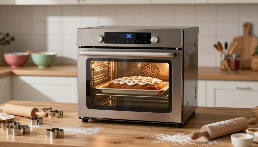 A modern kitchen with a shiny, well-equipped oven in the center, showcasing a beautiful gingerbread cake on the top rack. The oven features a digital interface displaying temperature settings, highlighting the choice between conventional and convection baking modes. Soft, warm lighting illuminates the scene, casting gentle shadows that enhance the kitchen's inviting atmosphere. In the foreground, a wooden countertop holds baking tools such as cookie cutters, rolling pins, and flour dust, adding context to the theme of baking. The background should include stylish kitchen elements like colorful mixing bowls and a basket of spices, creating an engaging culinary environment. The composition should convey a sense of warmth, comfort, and the joy of baking, enticing viewers with the delicious prospect of homemade gingerbread treats.