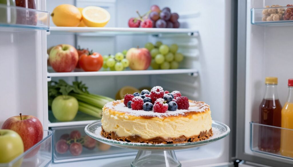 A modern refrigerator open with a beautifully presented cheesecake sitting on a glass plate, adorned with a light dusting of powdered sugar and fresh berries on top. The foreground features the cheesecake in detailed focus, showcasing its creamy texture and rich colors. The middle ground captures the interior of the fridge, stocked with fresh fruits and vegetables for a homey touch. The background presents soft, ambient lighting that highlights the cool tones of the refrigerator’s interior. The atmosphere feels fresh and inviting, conveying an organized kitchen space where one might thoughtfully cool a dessert. The scene should be shot from a slightly low angle, emphasizing the cheesecake while maintaining a clean and professional look.