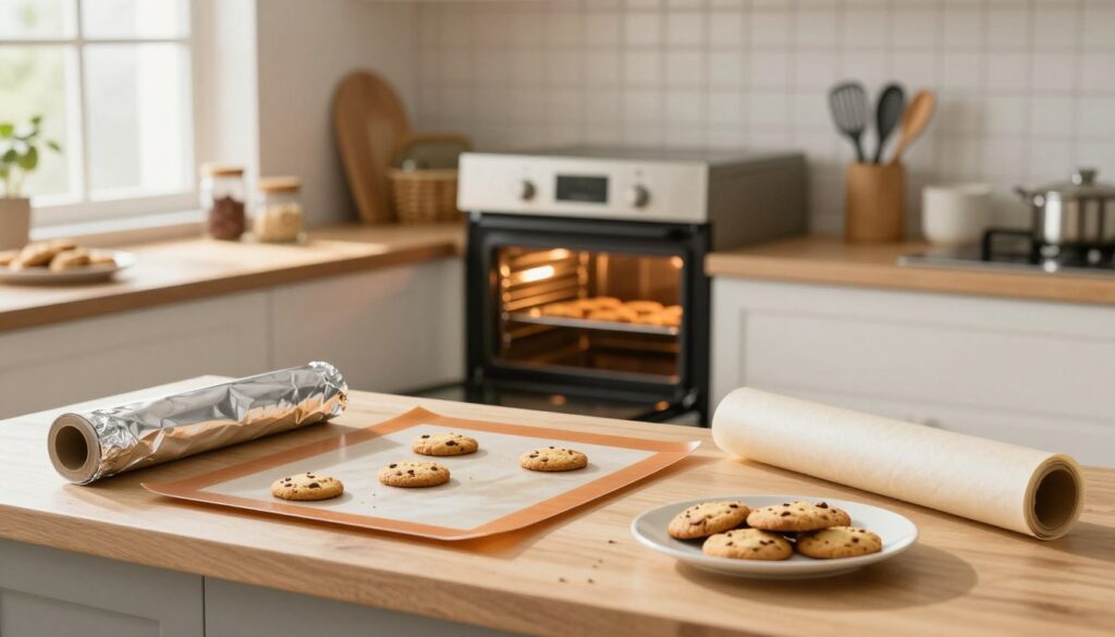 A neat kitchen counter scene where various alternatives to baking paper are artistically displayed. In the foreground, a roll of aluminum foil, silicone baking mats, and parchment paper are arranged with a few freshly baked cookies on a plate. The middle layer features an inviting oven with its door open, revealing a warm glow that highlights the baking options. In the background, shelves lined with spices and baking utensils add a cozy ambiance. Soft, natural light streams through a window, casting gentle shadows and creating a warm, homely atmosphere. The overall mood is practical yet inviting, aimed at inspiring quick and easy baking solutions. A neat kitchen counter scene where various alternatives to baking paper are artistically displayed. In the foreground, a roll of aluminum foil, silicone baking mats, and parchment paper are arranged with a few freshly baked cookies on a plate. The middle layer features an inviting oven with its door open, revealing a warm glow that highlights the baking options. In the background, shelves lined with spices and baking utensils add a cozy ambiance. Soft, natural light streams through a window, casting gentle shadows and creating a warm, homely atmosphere. The overall mood is practical yet inviting, aimed at inspiring quick and easy baking solutions.