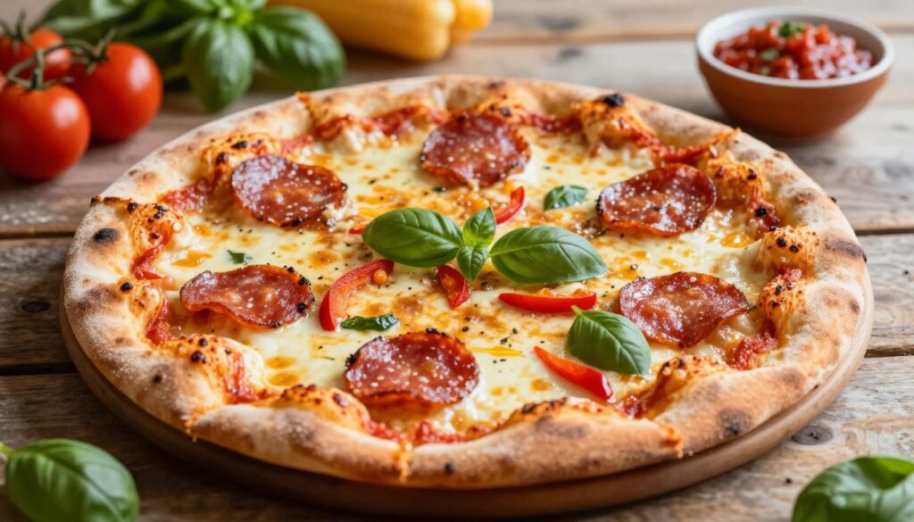 A perfectly baked tortilla pizza with a crisp, golden-brown bottom, showcasing a melty cheese topping with vibrant red peppers, fresh basil, and slices of pepperoni. In the foreground, highlight the glistening, crunchy edges of the tortilla, while the middle ground features the melted cheese bubbling gently. The background includes a rustic wooden table and a scattering of ingredients like fresh vegetables and a small bowl of marinara sauce to create a home-cooking atmosphere. Use soft, warm, natural lighting to evoke a cozy feel, capturing the inviting essence of a quick and easy meal. Shot from a slightly elevated angle to emphasize the textures and colors, the image should inspire a sense of comfort and delicious simplicity. A perfectly baked tortilla pizza with a crisp, golden-brown bottom, showcasing a melty cheese topping with vibrant red peppers, fresh basil, and slices of pepperoni. In the foreground, highlight the glistening, crunchy edges of the tortilla, while the middle ground features the melted cheese bubbling gently. The background includes a rustic wooden table and a scattering of ingredients like fresh vegetables and a small bowl of marinara sauce to create a home-cooking atmosphere. Use soft, warm, natural lighting to evoke a cozy feel, capturing the inviting essence of a quick and easy meal. Shot from a slightly elevated angle to emphasize the textures and colors, the image should inspire a sense of comfort and delicious simplicity.