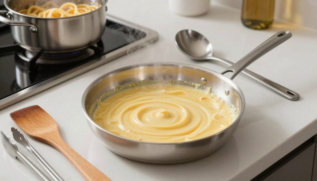 A pristine kitchen counter featuring a shiny stainless steel frying pan (patelnia) with a golden, creamy carbonara sauce simmering inside. Surrounding the frying pan are essential cooking tools: a wooden spatula, a pair of tongs, and a ladle, all organized neatly. In the background, a well-lit pot sits on the stove, simmering pasta, with steam gently rising. Soft, diffused lighting creates a warm atmosphere, enhancing the richness of the sauce. The scene is shot from a slight overhead angle, capturing the textures of the sauce and the glimmer of the utensils, conveying a sense of culinary sophistication and ease, inviting the viewer into the cooking experience. A pristine kitchen counter featuring a shiny stainless steel frying pan (patelnia) with a golden, creamy carbonara sauce simmering inside. Surrounding the frying pan are essential cooking tools: a wooden spatula, a pair of tongs, and a ladle, all organized neatly. In the background, a well-lit pot sits on the stove, simmering pasta, with steam gently rising. Soft, diffused lighting creates a warm atmosphere, enhancing the richness of the sauce. The scene is shot from a slight overhead angle, capturing the textures of the sauce and the glimmer of the utensils, conveying a sense of culinary sophistication and ease, inviting the viewer into the cooking experience.