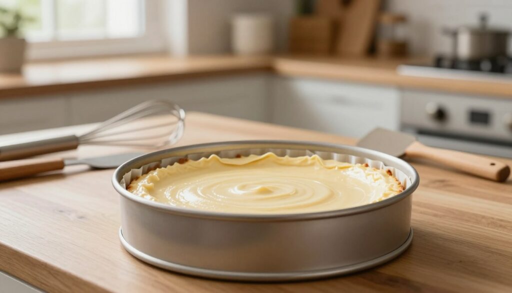 A round cake pan with a smooth, lined base featuring parchment paper for easy removal is the focal point. The foreground showcases the pan filled with a fluffy cheesecake mixture, its creamy surface glistening under soft, diffused kitchen lighting. In the middle ground, a wooden countertop holds essential baking tools: a whisk, measuring cups, and a spatula, enhancing the preparation theme. The background is softly blurred, displaying a cozy kitchen environment, with shelves lined with baking supplies and a hint of natural light streaming through a window. The mood is warm and inviting, perfect for conveying the comfort and joy of baking. The focus is on the preparation stage, emphasizing the importance of the pan and parchment paper in achieving a perfect cheesecake base.