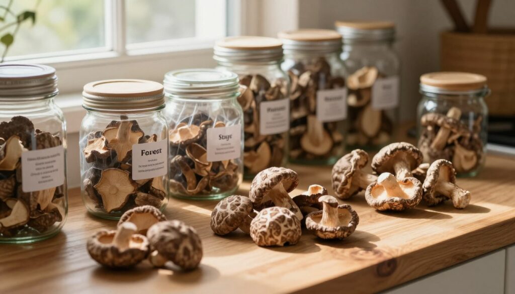 A rustic kitchen countertop showcasing a variety of dried mushrooms, prominently displayed in glass jars and breathable bags to emphasize storage methods. The foreground features an assortment of dried shiitake and porcini mushrooms, their textures rich and organic. The middle layer showcases neatly labeled jars, some partially open, letting the natural earthy scents waft out. In the background, soft natural light streams through a window, casting warm shadows and highlighting the wood grains of the countertop. This image captures the essence of preserving dried mushrooms, creating a warm and inviting atmosphere, perfect for an informative article on their storage and preservation methods. The composition should evoke the notion of care and attention, with a soft focus for a cozy ambiance.