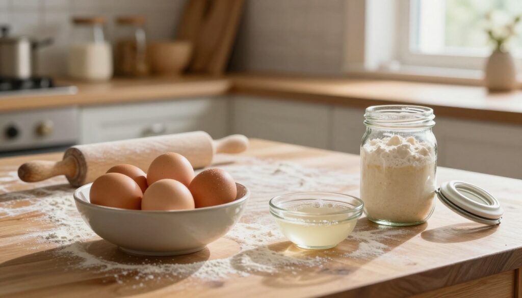 A rustic kitchen scene capturing the essence of baking substitutes. In the foreground, a wooden table holds a bowl of shimmering, fresh eggs surrounded by a sprinkle of flour. Beside it, a small dish of active yeast bubbles gently, emphasizing its freshness, while a glass jar of sourdough starter sits open, showcasing its texture: thick and frothy. In the middle ground, a rolling pin and flour-dusted countertop hint at the process of baking, with soft, natural light streaming in from a nearby window, casting gentle shadows. The background features warm wooden shelves stocked with baking essentials, creating a cozy atmosphere. The overall mood is inviting and homey, reflecting a traditional baking environment.