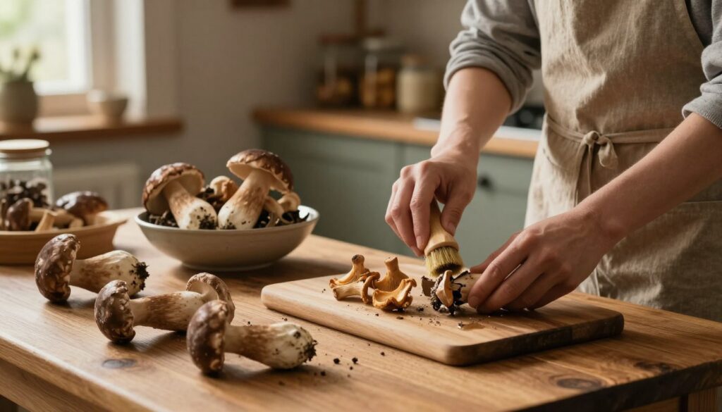 A rustic kitchen scene focused on preparing mushrooms for drying. In the foreground, a wooden table displays an assortment of fresh mushrooms, including porcini and chanterelles, being cleaned with a soft brush. A person dressed in a modest apron carefully inspects the mushrooms for imperfections. In the middle ground, a simple bowl holds a mix of removed stems and dirt. The background features warm, ambient lighting coming through a window, casting soft shadows and highlighting the textures of the kitchen’s wooden shelves lined with jars. The overall mood is calm and methodical, conveying the importance of care in preparing mushrooms for drying to prevent mold. No text or additional elements present.