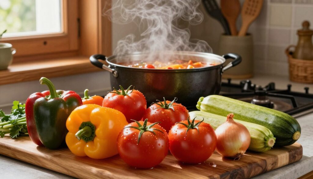 A rustic kitchen scene showcasing a colorful assortment of fresh vegetables for leczo. In the foreground, there's a wooden cutting board piled high with vibrant bell peppers, ripe tomatoes, onions, and zucchini, artistically arranged to display their textures. The middle layer features a large, bubbling pot of leczo on the stove, with steam rising and the rich colors of the cooking ingredients visible. In the background, warm wood accents and kitchen utensils create a cozy atmosphere, with soft, natural light filtering through a window, casting gentle shadows. The overall mood is inviting and homey, perfect for illustrating traditional Polish cuisine inspired by Hungarian flavors.