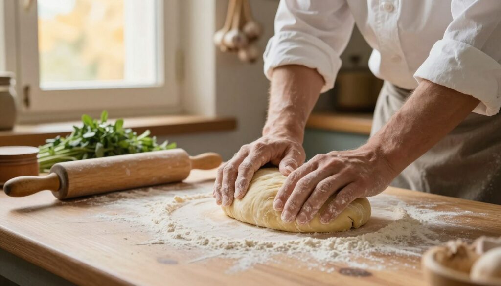 A rustic kitchen scene showcasing the process of making homemade pasta dough. In the foreground, a wooden countertop dusted with flour features a mound of smooth, elastic pasta dough half-kneaded, with a rolling pin lying beside it. In the middle, a pair of hands, clad in modest white flour-dusted sleeves, passionately work the dough, demonstrating the method of kneading. Behind them, a window lets in warm, golden light, illuminating a backdrop of hanging garlic and fresh herbs, enhancing the homely atmosphere. The image captures the essence of tradition and craftsmanship, with soft, natural lighting creating an inviting and cozy mood. The camera angle is slightly elevated, focusing on the dough while blurring the background elements to emphasize the action. A rustic kitchen scene showcasing the process of making homemade pasta dough. In the foreground, a wooden countertop dusted with flour features a mound of smooth, elastic pasta dough half-kneaded, with a rolling pin lying beside it. In the middle, a pair of hands, clad in modest white flour-dusted sleeves, passionately work the dough, demonstrating the method of kneading. Behind them, a window lets in warm, golden light, illuminating a backdrop of hanging garlic and fresh herbs, enhancing the homely atmosphere. The image captures the essence of tradition and craftsmanship, with soft, natural lighting creating an inviting and cozy mood. The camera angle is slightly elevated, focusing on the dough while blurring the background elements to emphasize the action.