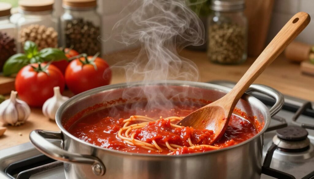 A rustic kitchen scene showcasing the process of reducing tomato sauce for spaghetti. In the foreground, a large, stainless steel saucepan filled with vibrant red tomato sauce simmers gently on a gas stove, releasing steam that catches the warm light. A wooden spoon rests against the side, highlighting texture and depth. The middle ground features fresh, ripe tomatoes, garlic cloves, and sprigs of basil, emphasizing the natural ingredients without additional thickeners. In the background, cozy kitchen shelves display jars of spices and herbs, softly blurred to create depth. The warm, inviting lighting sets a homey atmosphere, while a close-up angle captures the rich color and consistency of the sauce. The overall mood is warm and appetizing, evoking the essence of homemade cooking. A rustic kitchen scene showcasing the process of reducing tomato sauce for spaghetti. In the foreground, a large, stainless steel saucepan filled with vibrant red tomato sauce simmers gently on a gas stove, releasing steam that catches the warm light. A wooden spoon rests against the side, highlighting texture and depth. The middle ground features fresh, ripe tomatoes, garlic cloves, and sprigs of basil, emphasizing the natural ingredients without additional thickeners. In the background, cozy kitchen shelves display jars of spices and herbs, softly blurred to create depth. The warm, inviting lighting sets a homey atmosphere, while a close-up angle captures the rich color and consistency of the sauce. The overall mood is warm and appetizing, evoking the essence of homemade cooking.