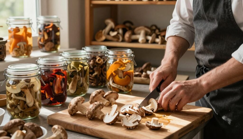 A rustic kitchen scene showcasing various gourmet mushrooms being expertly processed and stored. In the foreground, a wooden cutting board displays freshly harvested mushrooms, with a chef in a modest casual outfit skillfully slicing them. The middle ground features open glass jars filled with different kinds of mushrooms, some pickled, others dried, reflecting vibrant colors under warm, natural lighting. The background reveals shelves lined with mushrooms in the process of drying and preserving, emphasizing the importance of maintaining nutritional values. Soft sunlight filters through a window, creating a cozy and inviting atmosphere, highlighting the theme of healthy food preparation. The overall mood is warm and educational, focused on the art of preserving natural ingredients. A rustic kitchen scene showcasing various gourmet mushrooms being expertly processed and stored. In the foreground, a wooden cutting board displays freshly harvested mushrooms, with a chef in a modest casual outfit skillfully slicing them. The middle ground features open glass jars filled with different kinds of mushrooms, some pickled, others dried, reflecting vibrant colors under warm, natural lighting. The background reveals shelves lined with mushrooms in the process of drying and preserving, emphasizing the importance of maintaining nutritional values. Soft sunlight filters through a window, creating a cozy and inviting atmosphere, highlighting the theme of healthy food preparation. The overall mood is warm and educational, focused on the art of preserving natural ingredients.