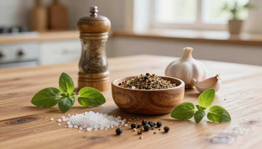 A rustic wooden table is set in a well-lit kitchen, showcasing a close-up arrangement of natural ingredients for seasoning spaghetti meat. In the foreground, there are coarse grains of salt, cracked black pepper, and vibrant green oregano leaves, all artfully scattered around a small wooden bowl filled with a fragrant blend. The middle ground features a traditional Italian spice grinder and a few cloves of garlic, adding warmth to the composition. In the background, soft light filters through an open window, enhancing the authentic, inviting atmosphere. The overall mood is warm and homely, evoking the essence of a trattoria. Use a shallow depth of field to focus on the spices while softly blurring the background.