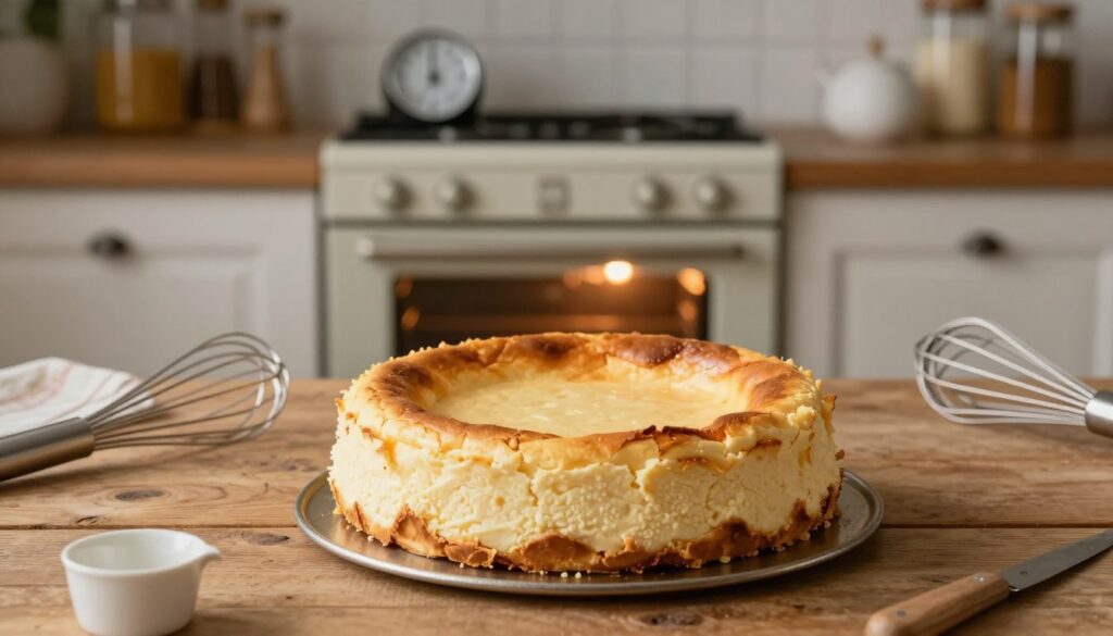 A serene baking scene showcasing a fluffy, perfectly baked Wienne cheesecake taking center stage. In the foreground, the cheesecake sits on a rustic wooden table, its golden-brown top slightly cracked, hinting at the ideal texture. The middle ground features a traditional kitchen setting, with an oven emitting a warm glow at 160°C, and a timer counting down in the background. Soft, diffused lighting illuminates the scene, creating a cozy atmosphere. A few baking tools, like a whisk and measuring cups, are scattered around, enhancing the focus on the cheesecake. The background reveals shelves filled with baking ingredients, adding to the authentic culinary vibe. The overall mood is inviting and calm, perfect for an article on baking techniques.