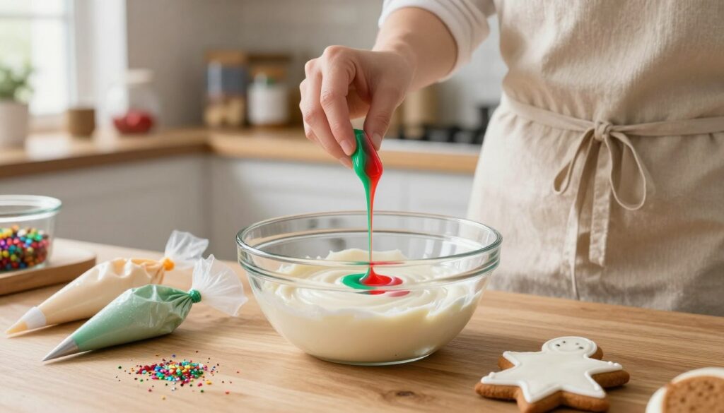 A serene kitchen setting, showcasing a step-by-step process for making gingerbread icing. In the foreground, a glass mixing bowl filled with glossy white icing sits on a wooden countertop, surrounded by various decorating tools like piping bags and colorful edible glitter. In the middle, a hand (wearing a modest kitchen apron) meticulously drizzles vibrant red and green food coloring into the icing, creating a marbled effect. A neatly decorated gingerbread cookie in the shape of a star is displayed beside the bowl, showcasing the icing’s desired smooth consistency. The background is softly blurred, revealing shelves filled with festive baking supplies and spices, creating a warm and inviting atmosphere. Soft, natural light pours in from a window, enhancing the textures and colors of the ingredients. A serene kitchen setting, showcasing a step-by-step process for making gingerbread icing. In the foreground, a glass mixing bowl filled with glossy white icing sits on a wooden countertop, surrounded by various decorating tools like piping bags and colorful edible glitter. In the middle, a hand (wearing a modest kitchen apron) meticulously drizzles vibrant red and green food coloring into the icing, creating a marbled effect. A neatly decorated gingerbread cookie in the shape of a star is displayed beside the bowl, showcasing the icing’s desired smooth consistency. The background is softly blurred, revealing shelves filled with festive baking supplies and spices, creating a warm and inviting atmosphere. Soft, natural light pours in from a window, enhancing the textures and colors of the ingredients.