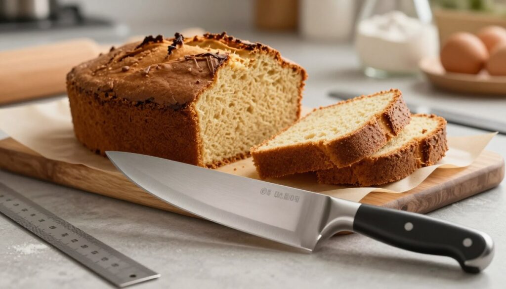 A sharp, polished slicing knife positioned prominently in the foreground, its gleaming stainless steel blade reflecting soft kitchen light. The knife is slightly tilted to showcase its sharp edge. In the middle ground, a freshly baked, round cake is displayed on a wooden cutting board, with clean, evenly spaced slices already made, revealing a moist, textured interior. Surrounding the cake are practical baking tools like a ruler and parchment paper, hinting at precision in cutting. The background features a cozy kitchen setting with subtle hints of ingredients like flour and eggs, softly blurred to maintain focus on the knife and cake. The lighting is warm and inviting, creating a homely and professional atmosphere that emphasizes careful preparation and technique.