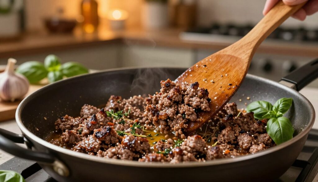 A sizzling pan of ground meat, perfectly browned and glistening with a hint of oil, takes center stage in the foreground. Surrounding the meat, fresh herbs such as basil and oregano are delicately sprinkled, suggesting the aromatic flavors of Italian cooking. In the middle ground, a wooden spatula is poised, as if in mid-flip, allowing a glimpse of the meat's texture and color. The background features a cozy kitchen setting with warm, ambient lighting casting a golden hue, enhancing the inviting atmosphere. The image captures the essence of a trattoria kitchen, evoking the smell of garlic and spices, with a shallow depth of field focusing sharply on the rich hues of the meat, inviting viewers to imagine the delicious taste awaiting them.