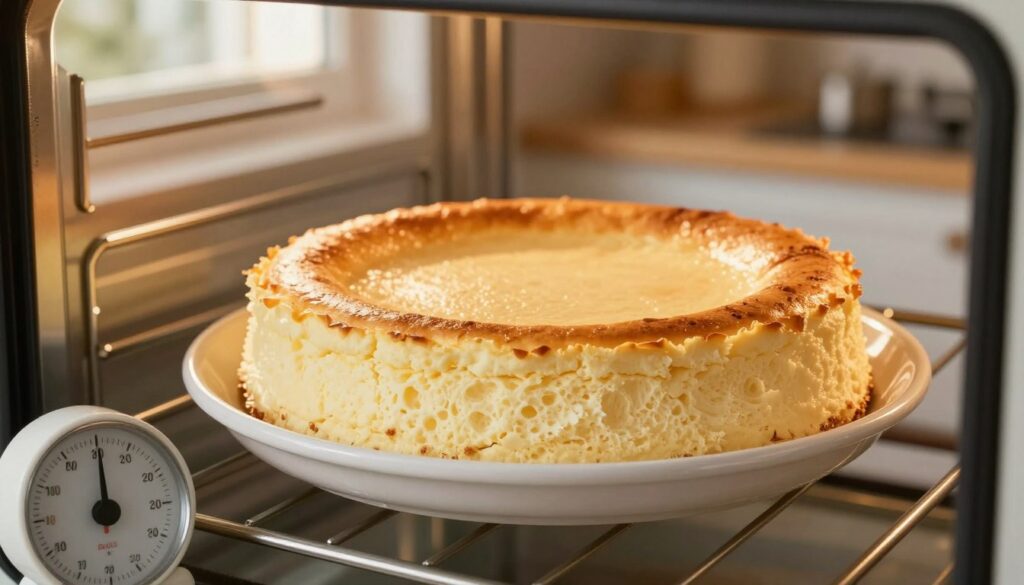 A soft, fluffy cheesecake baking in an elegant oven, with delicate golden-brown edges, resting on a pristine white baking dish. The kitchen background is filled with subtle warm colors, reflecting a cozy and inviting atmosphere. A soft glow of light pours through a nearby window, illuminating the cheesecake and highlighting its airy texture. In the foreground, a timer and oven dial set to the perfect temperature, showcasing meticulous attention to detail. The image captures the essence of careful baking, focusing on the perfect rise and absence of cracks, embodying the tranquility and precision necessary for successful baking. The scene should evoke a sense of warmth and comfort, inviting viewers into the art of baking.
