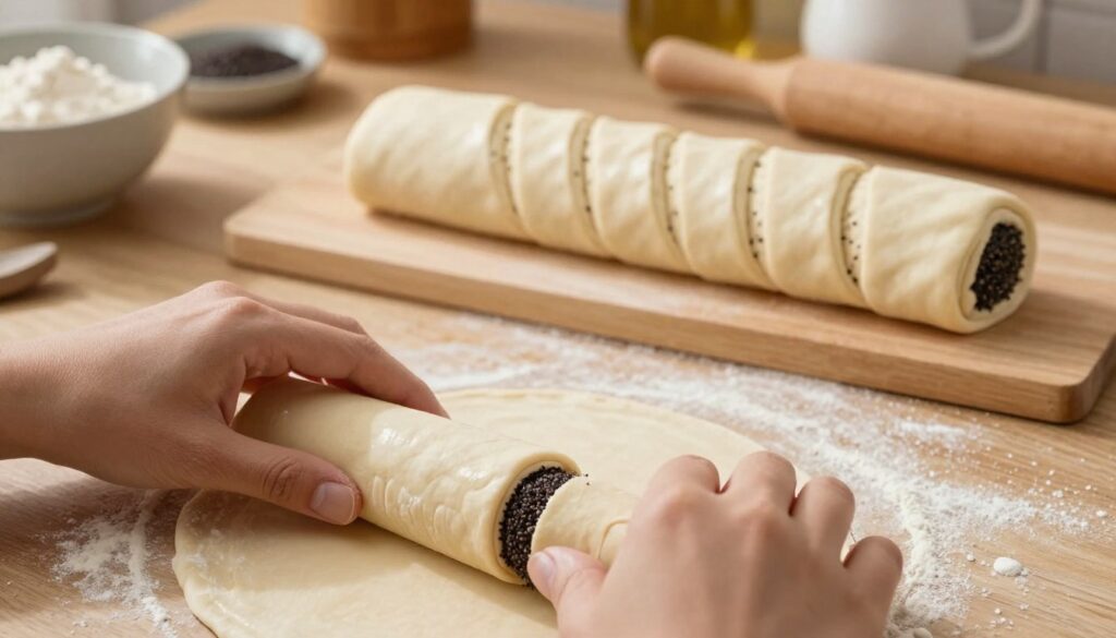 A step-by-step detailed illustration of how to roll a traditional poppy seed roll (makowiec), showcasing the essential techniques to prevent it from cracking. In the foreground, display hands skillfully rolling the dough with a rich poppy seed filling, emphasizing the gentle, methodical movements. The middle section features a close-up of the dough being meticulously shaped and secured with cuts on the top, showcasing texture and shine. The background should be a cozy kitchen environment with warm lighting, highlighting wooden countertops and baking utensils. Capture the atmosphere of a festive baking session, with an inviting and warm mood. Use natural light to enhance the colors of the ingredients and the warmth of the kitchen. Focus on creating an engaging visual that emphasizes the craft of making makowiec. A step-by-step detailed illustration of how to roll a traditional poppy seed roll (makowiec), showcasing the essential techniques to prevent it from cracking. In the foreground, display hands skillfully rolling the dough with a rich poppy seed filling, emphasizing the gentle, methodical movements. The middle section features a close-up of the dough being meticulously shaped and secured with cuts on the top, showcasing texture and shine. The background should be a cozy kitchen environment with warm lighting, highlighting wooden countertops and baking utensils. Capture the atmosphere of a festive baking session, with an inviting and warm mood. Use natural light to enhance the colors of the ingredients and the warmth of the kitchen. Focus on creating an engaging visual that emphasizes the craft of making makowiec.