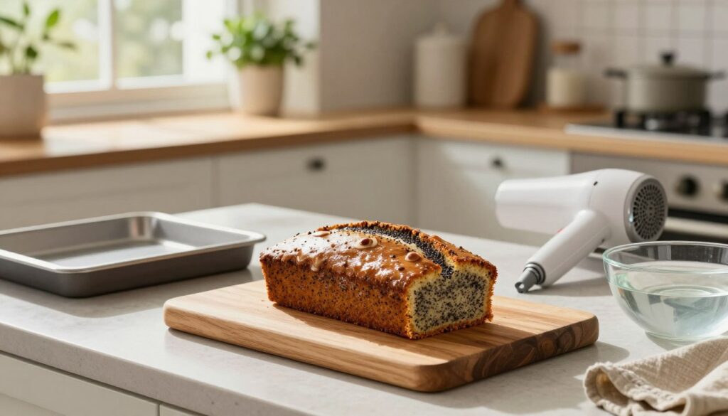 A step-by-step visual guide for defrosting poppy seed cake, featuring a beautifully designed kitchen counter. In the foreground, an elegant wooden cutting board holds a half-thawed poppy seed cake, glistening subtly with moisture. Surrounding the cake are a few sheet pans, a hairdryer set to a low setting, and a bowl of warm water, emphasizing the method of gentle defrosting. In the middle background, a softly lit kitchen with white cabinetry and fresh herbs on the windowsill creates a warm and inviting atmosphere. The scene is well-lit, with natural sunlight streaming through the window, casting soft shadows and highlighting the cake's textures. The overall mood is cozy and homely, perfect for a culinary exploration.