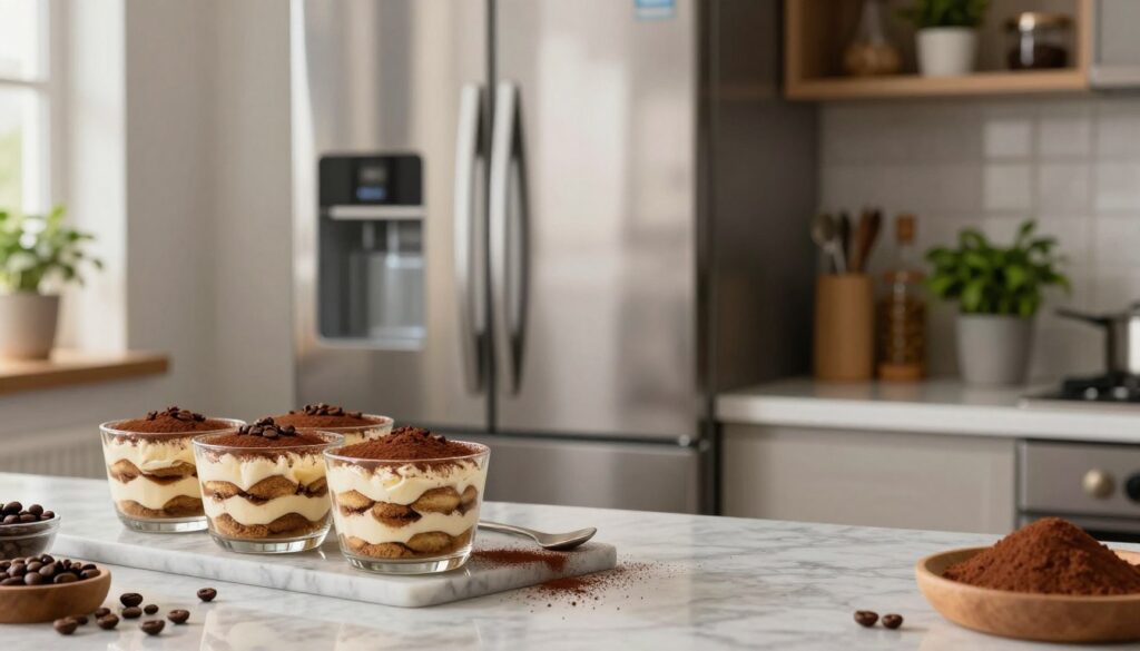 A stylish kitchen interior featuring a modern refrigerator, prominently displayed in the foreground. The refrigerator's stainless steel surface reflects soft, natural lighting from a nearby window, creating a warm and inviting atmosphere. In the middle ground, a beautifully arranged tiramisu dessert in elegant glass cups sits on a marble countertop, surrounded by fresh ingredients like coffee beans and cocoa powder. In the background, shelves are stocked with kitchen essentials and a hint of greenery from potted herbs, enhancing the cozy feel. The composition should convey a sense of efficiency and elegance, perfect for hosting guests. Use a slight overhead angle to capture the details of the dessert and the refrigerator. The overall mood is sophisticated yet approachable, evoking the joy of entertaining.