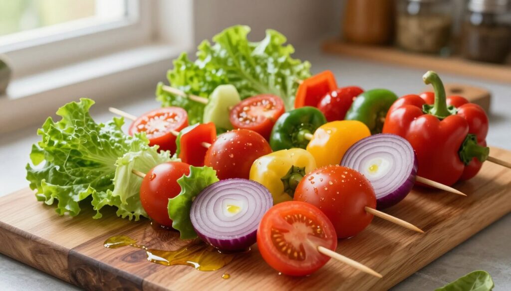 A vibrant and appealing display of fresh vegetables ideal for kebabs, featuring classic choices like crisp lettuce, ripe tomatoes, sliced red onions, and colorful bell peppers. The vegetables are artfully arranged on a rustic wooden cutting board, with a light drizzle of olive oil reflecting the soft, warm sunlight from a nearby window. The background features a blurred kitchen setting, with a hint of spices and sauces in jars on the shelves. The overall mood is inviting and appetizing, enticing viewers with the freshness and crunch of the vegetables. The shot is taken from a slight overhead angle, giving a clear view of the textures and colors of the ingredients, creating a sense of culinary excitement.